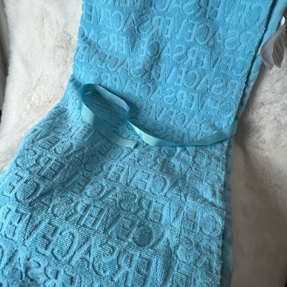 Versace Terry Jacquard Logo Towel Scarf – Blue with Fringe
